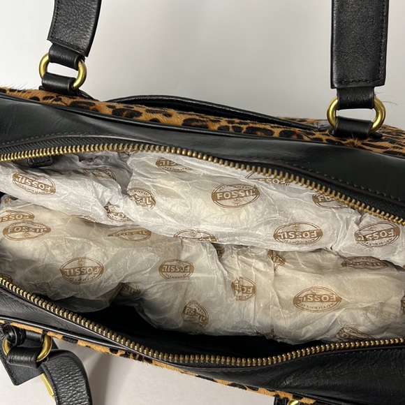 Fossil Black Leather Leopard Cheetah Print Handbag Satchel - Picture 6 of 16